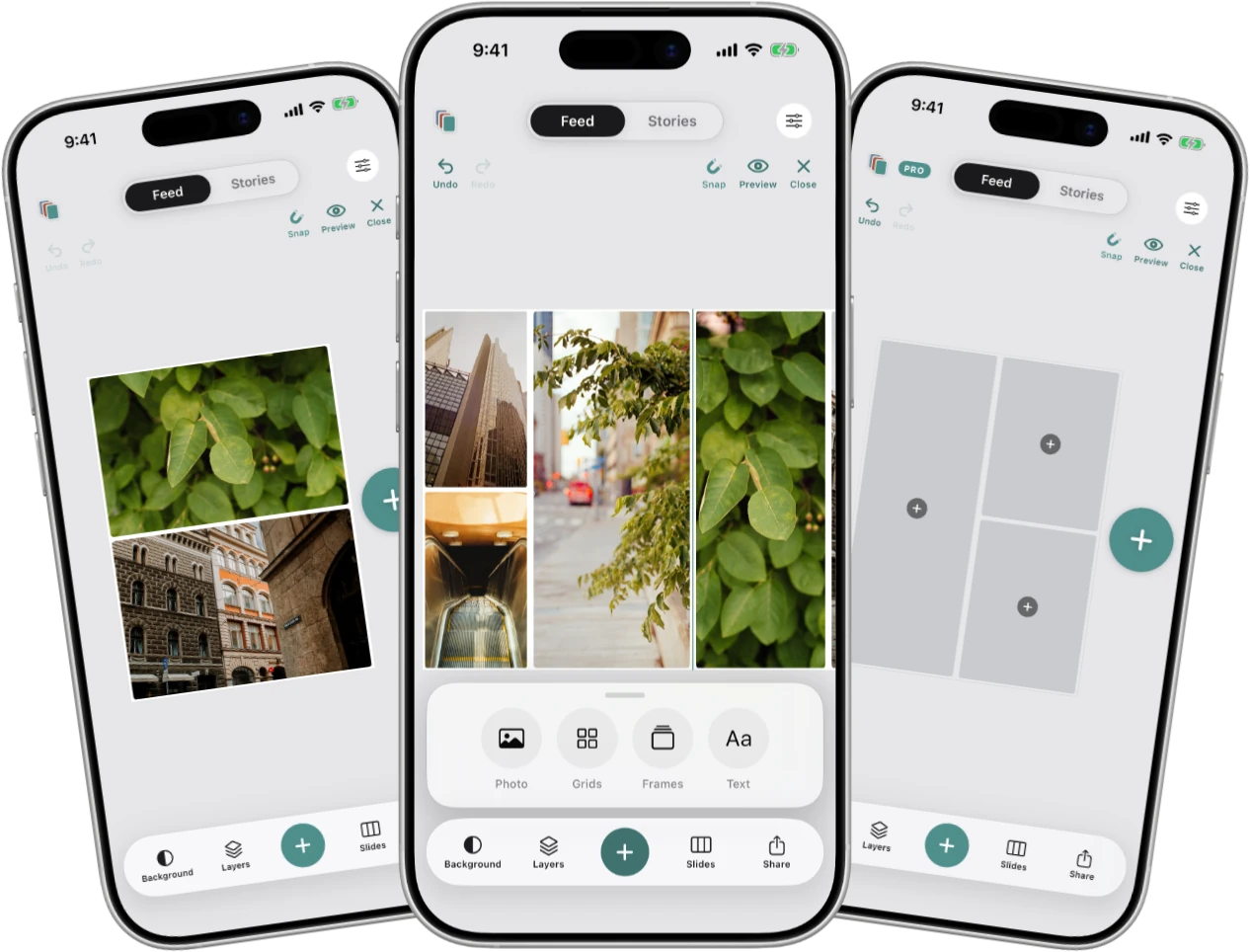 Three iPhones showing Swatch's compose flow: an empty grid template, a filled multi-photo grid and the photo and layout add menu