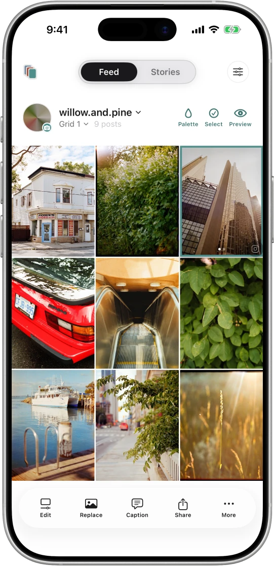 The Swatch grid planner on iPhone, a photography feed arranged in a three-column grid