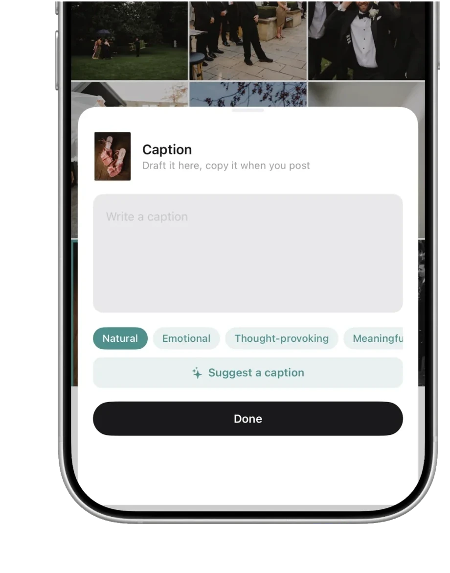 The caption sheet with tone choices and on-device caption suggestions