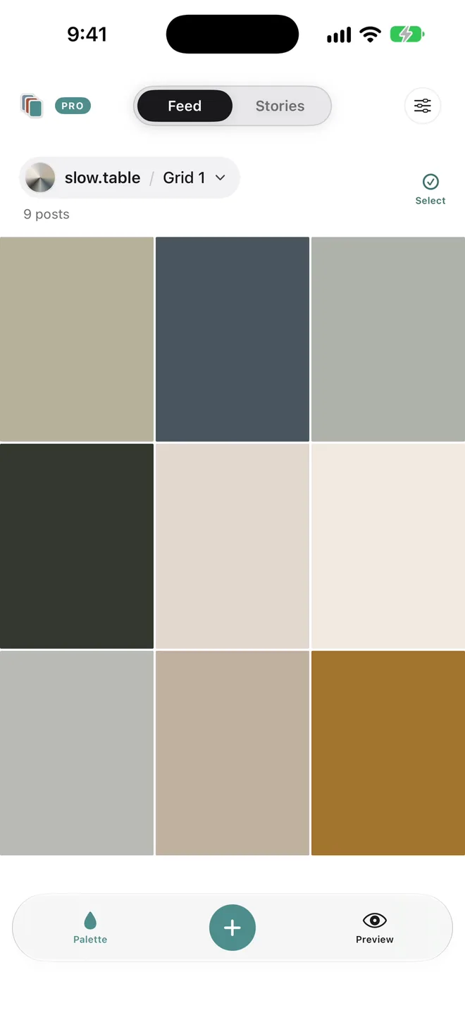 The same kind of grid in Palette view, each post shown as its main colour