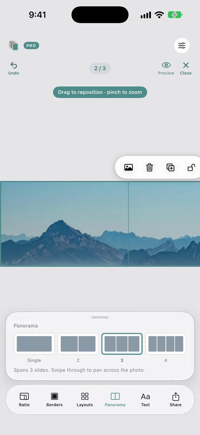 Panorama in Swatch with three slides selected