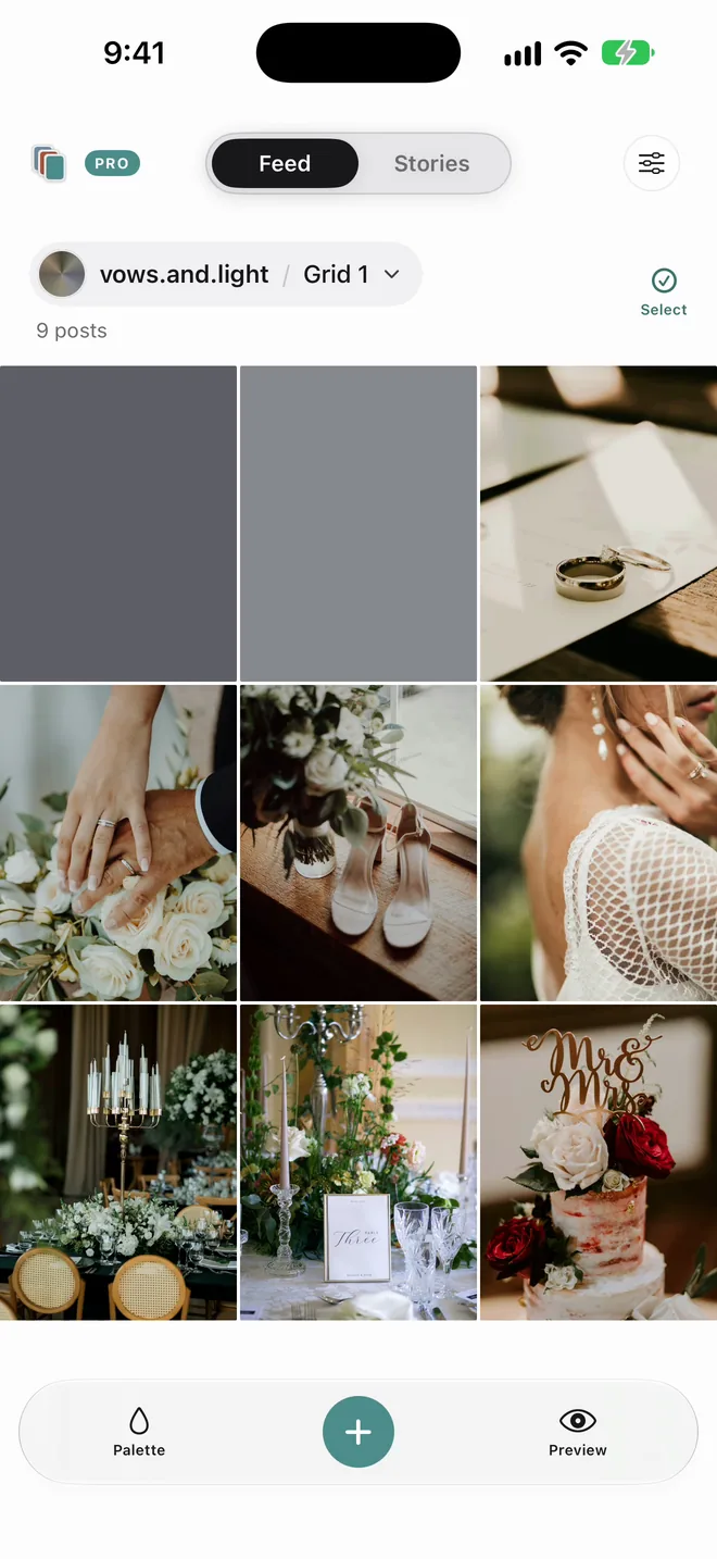 Colour placeholders holding two spots in a wedding photographer's grid