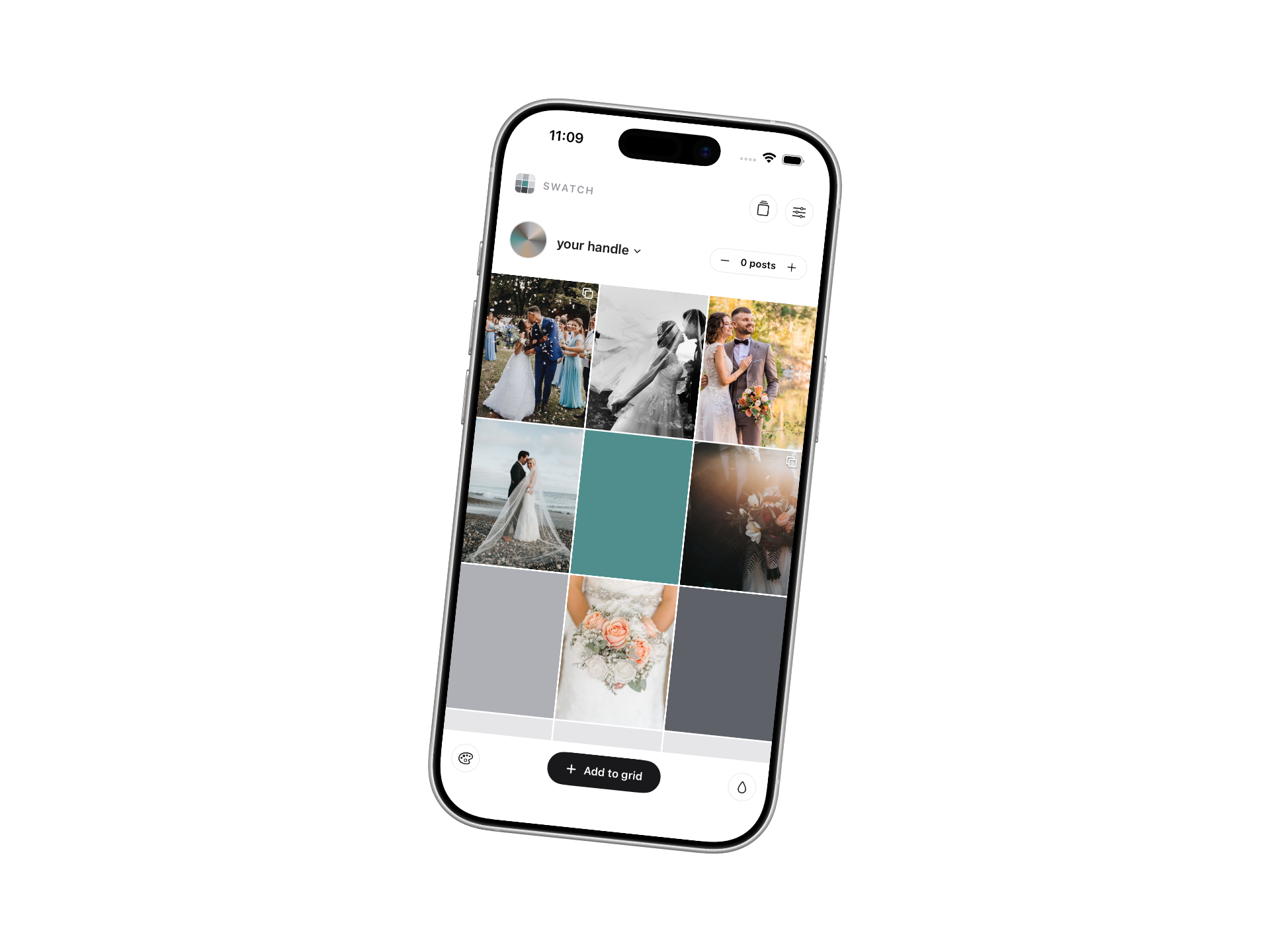 The Swatch grid planner on iPhone, a wedding feed in progress
