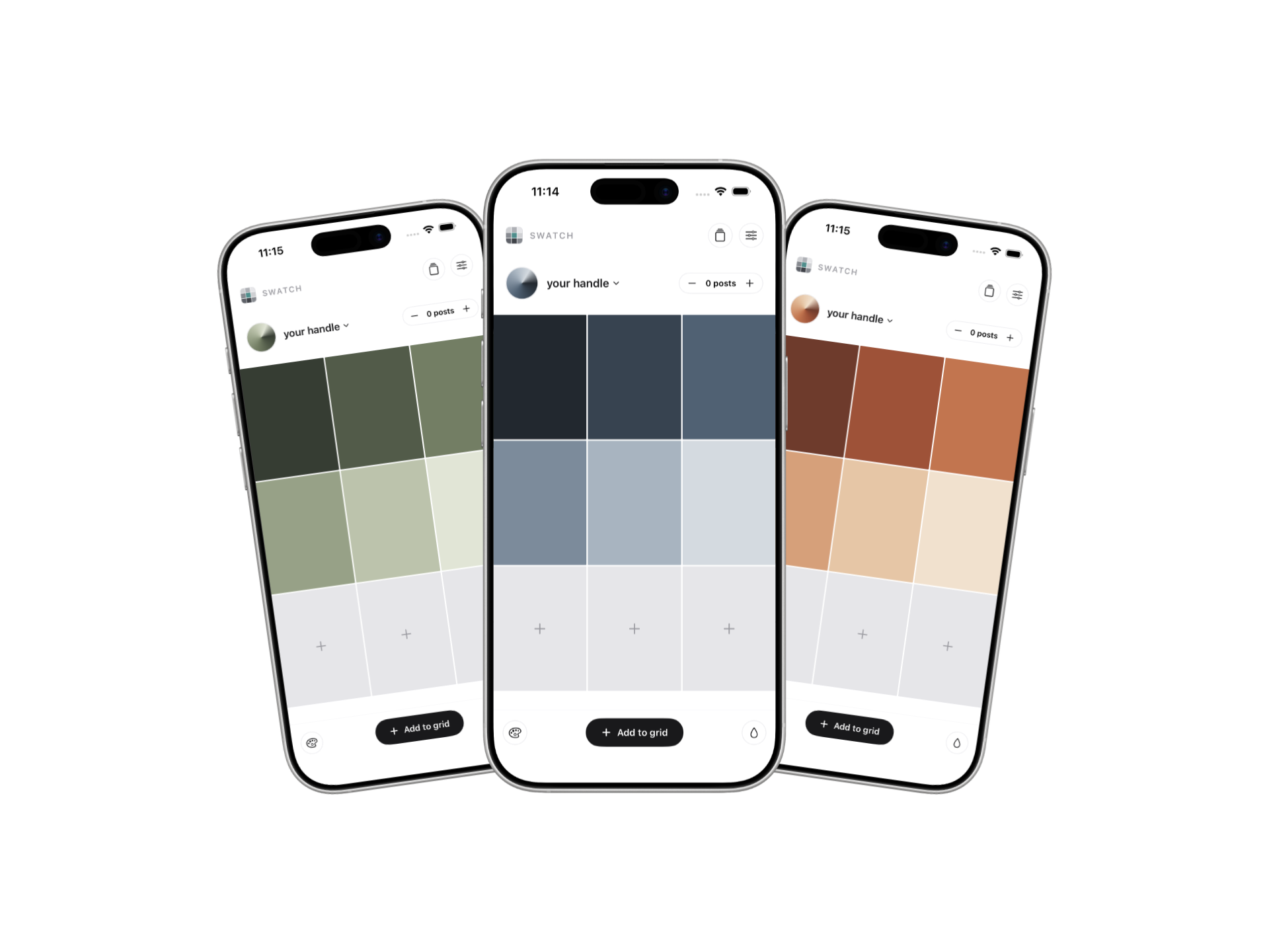 Three Swatch grids, each planned with a different colour palette: sage, slate and terracotta