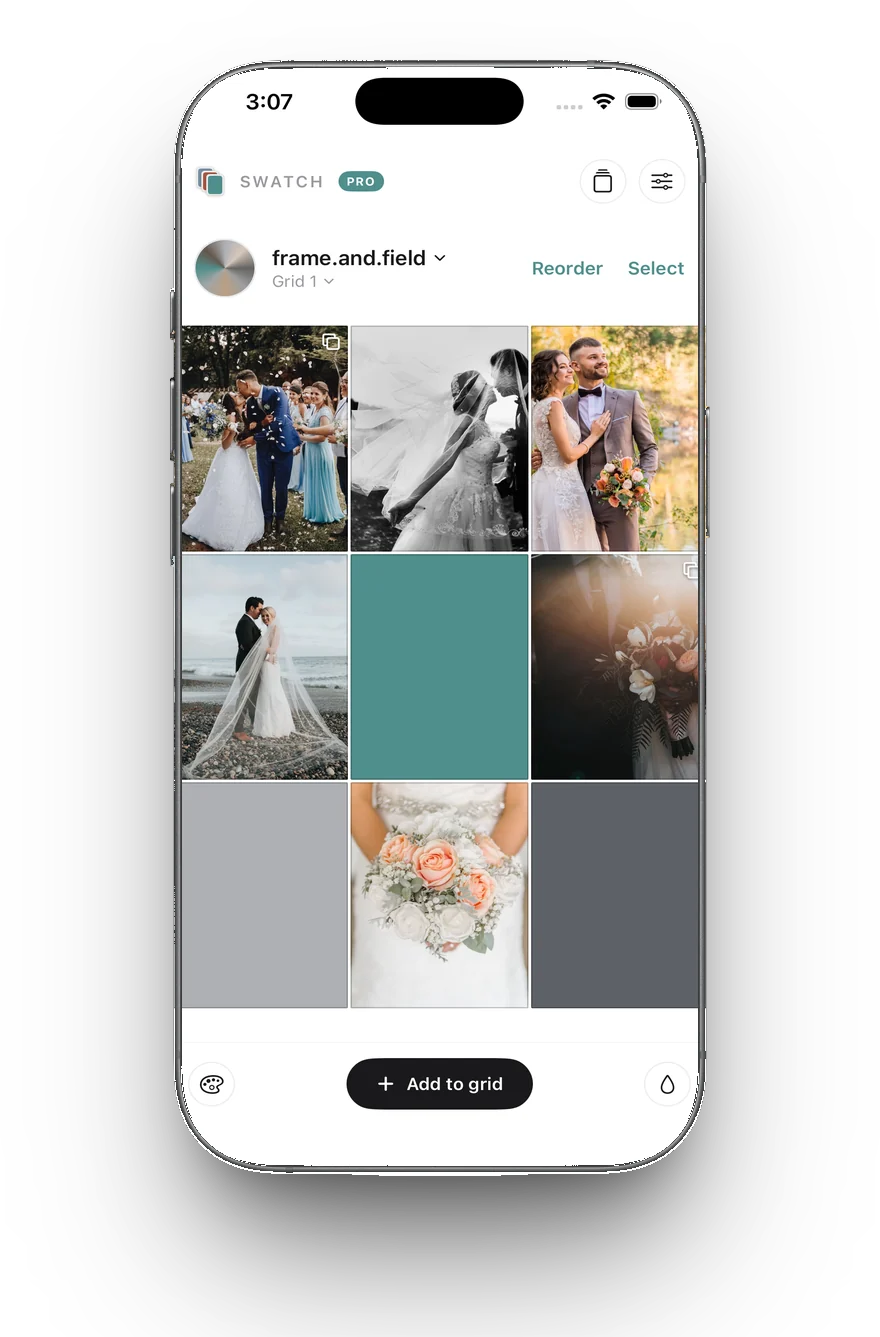 The Swatch grid planner with a wedding feed in progress
